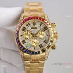 Swiss Rolex Daytona JH 7750 Watch Rainbow Bezel Arabic Diamond Dial Yellow Gold